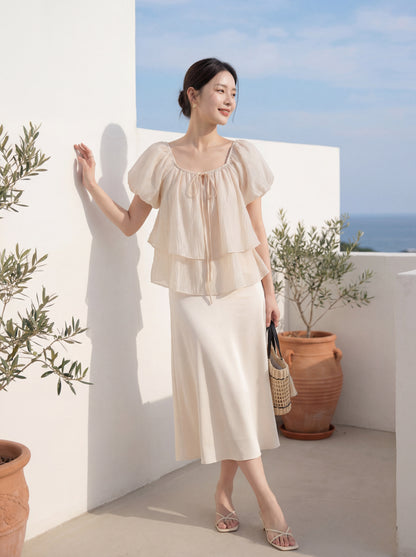 ダブルフリルパフスリーブブラウス