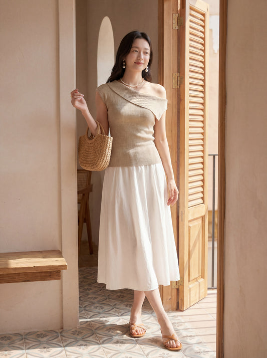 Elegant Fold-Over Asymmetrical Shoulder Knit Top