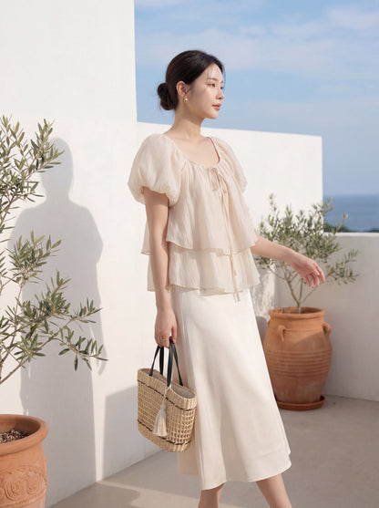 ダブルフリルパフスリーブブラウス