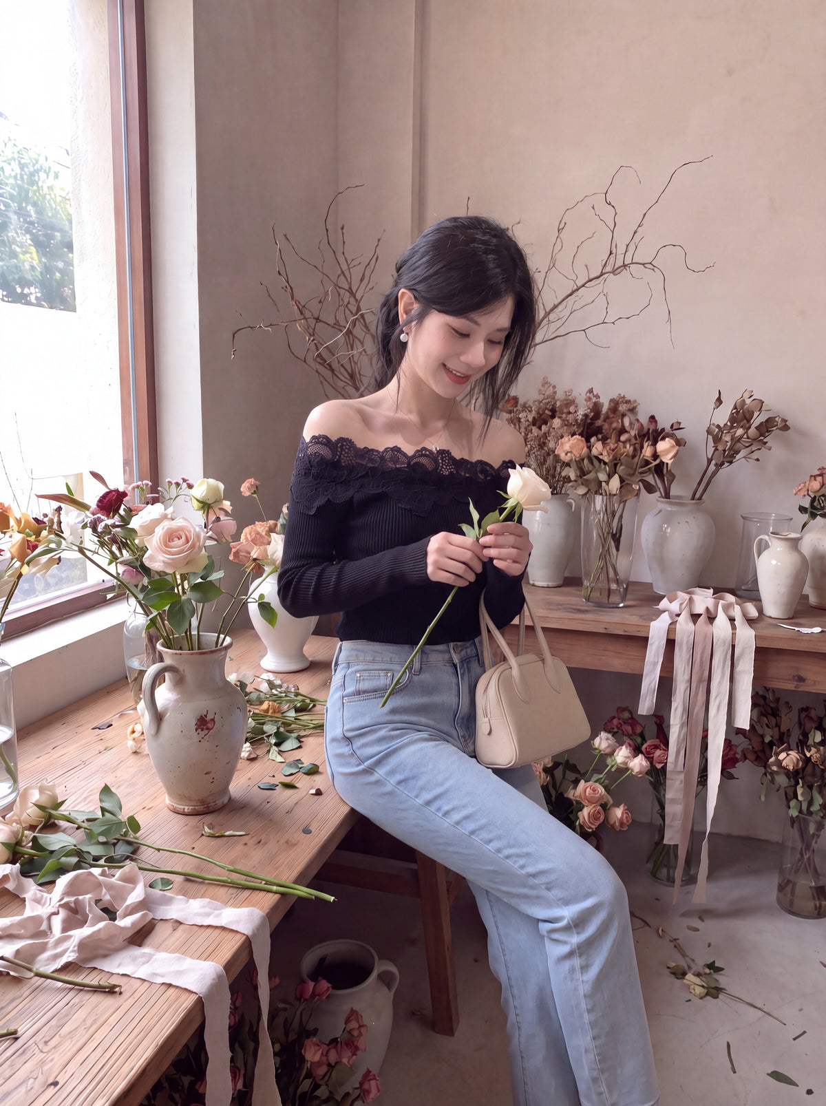 重工手工鉤花一字肩針織衫