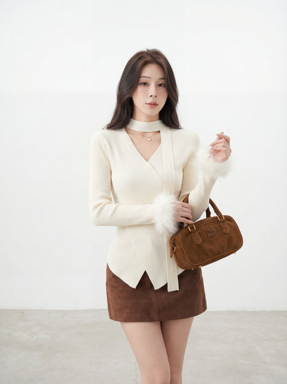 絨絨毛袖修身針織小衫