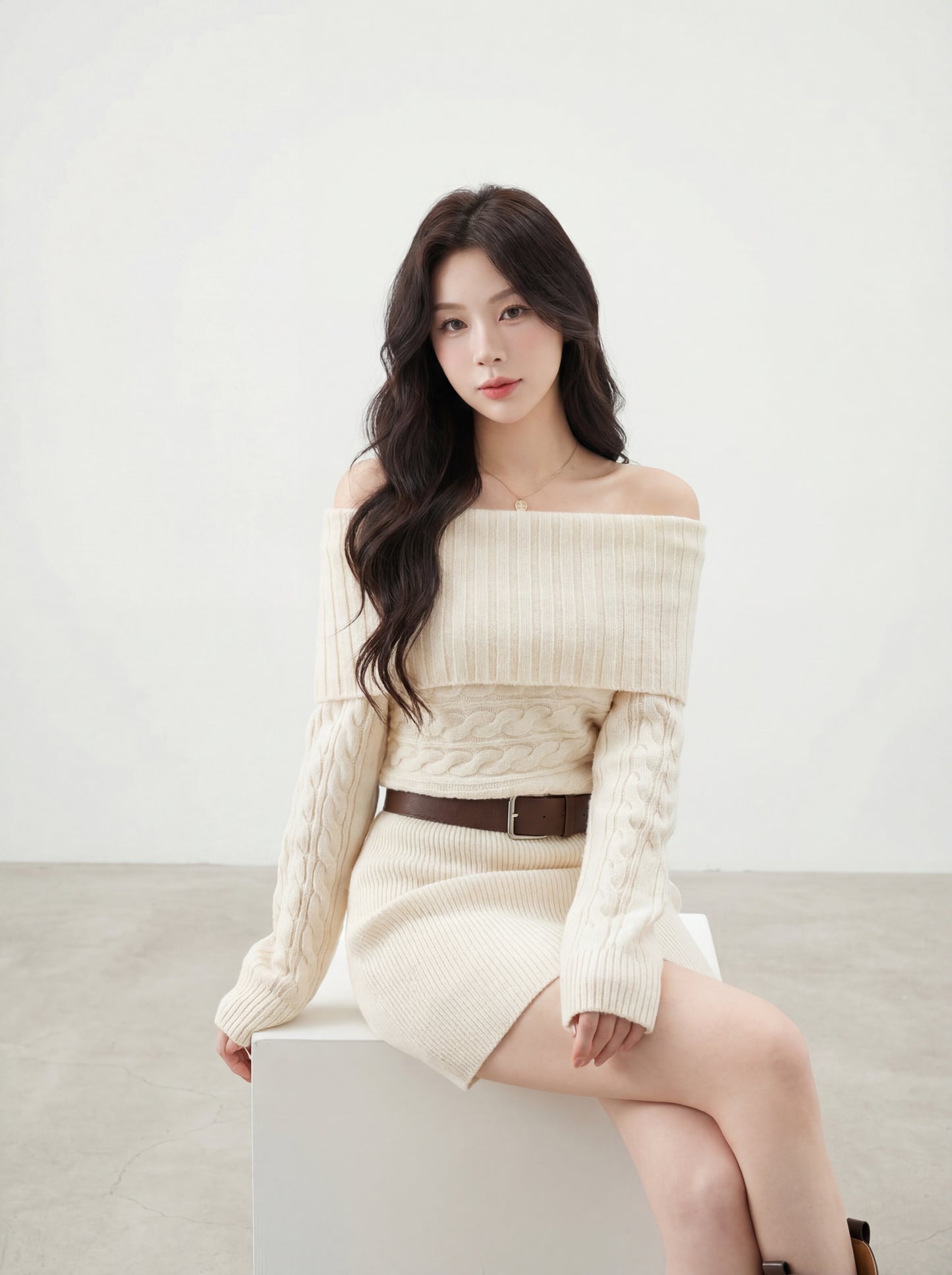 氛圍感一字肩針織連身裙