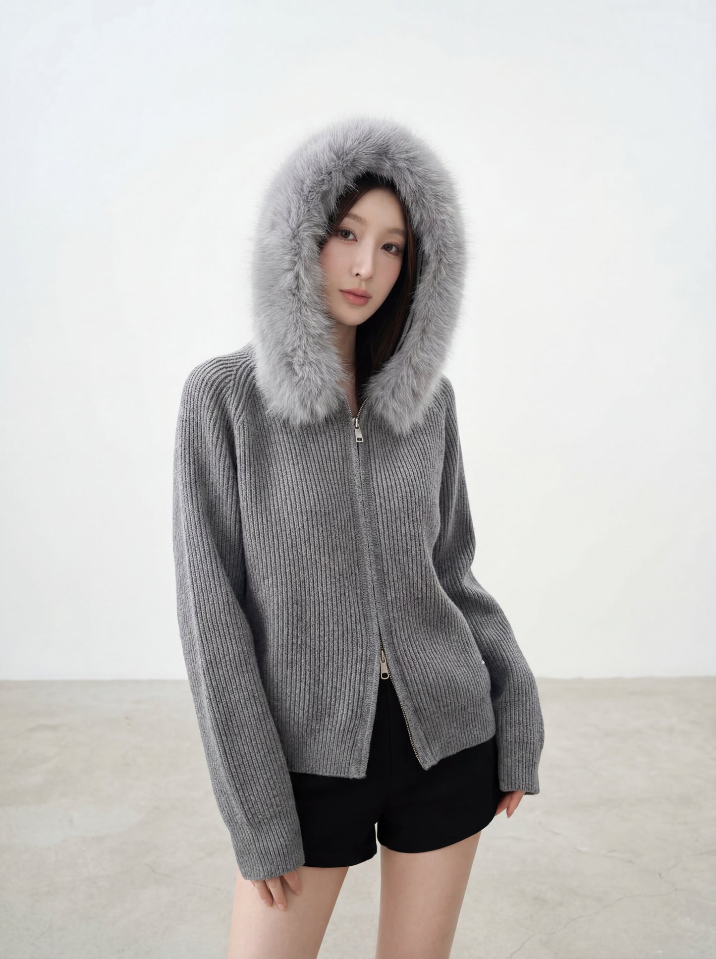 連帽大毛領雙拉鏈開衫