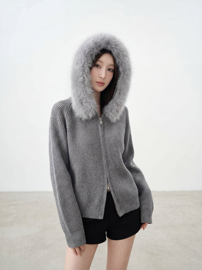 連帽大毛領雙拉鏈開衫