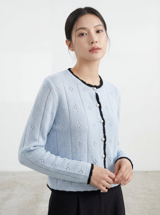 圓領簡約撞色鏤空針織開衫