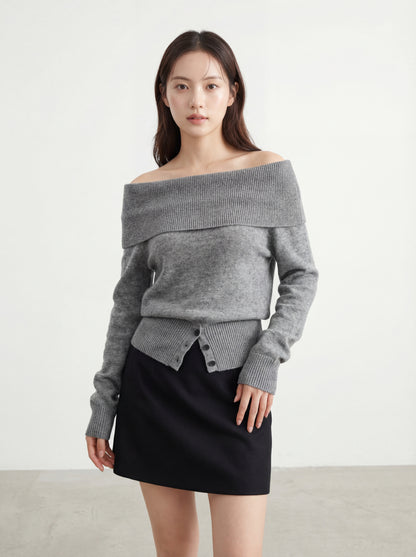 氛圍感一字領露肩長袖上衣