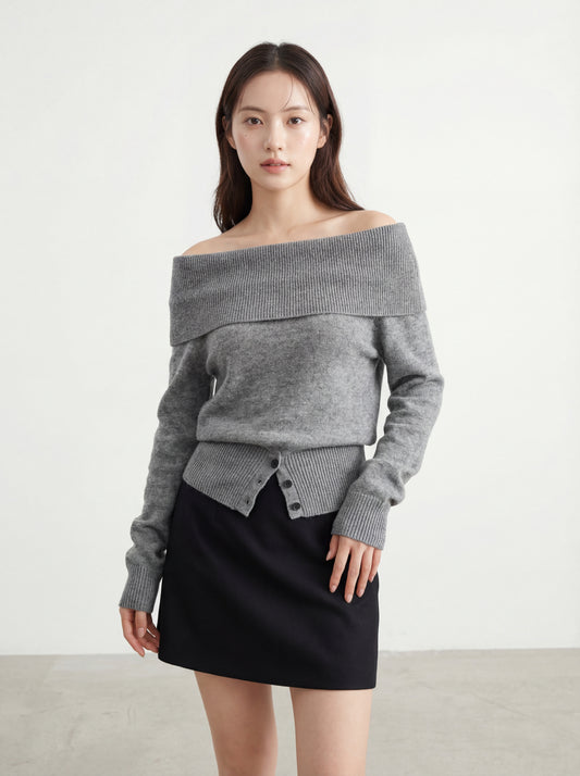 氛圍感一字領露肩長袖上衣