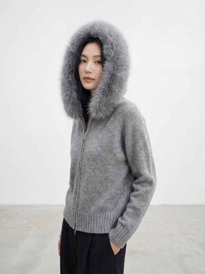 Knit Sweater with Large Fur-Trimmed Hood