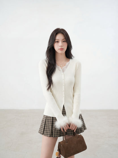 蕾絲V領毛毛袖針織衫