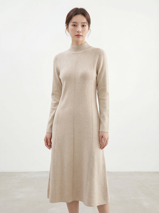 法式溫柔風半高領長袖連身裙