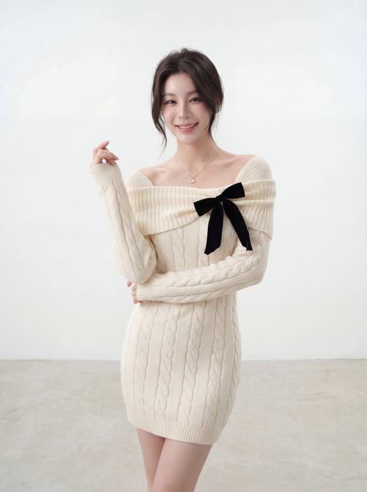 氣質小女人蝴蝶結修身連身裙