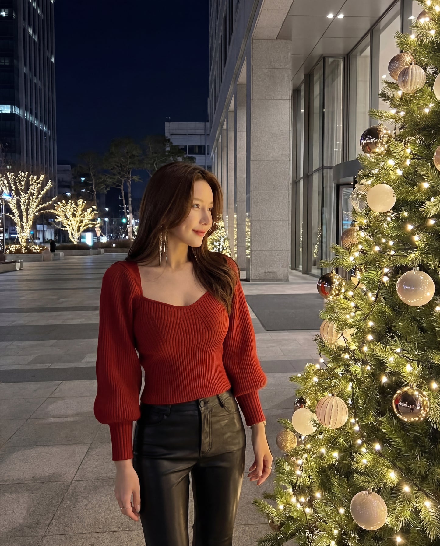 法式方領針織長袖top