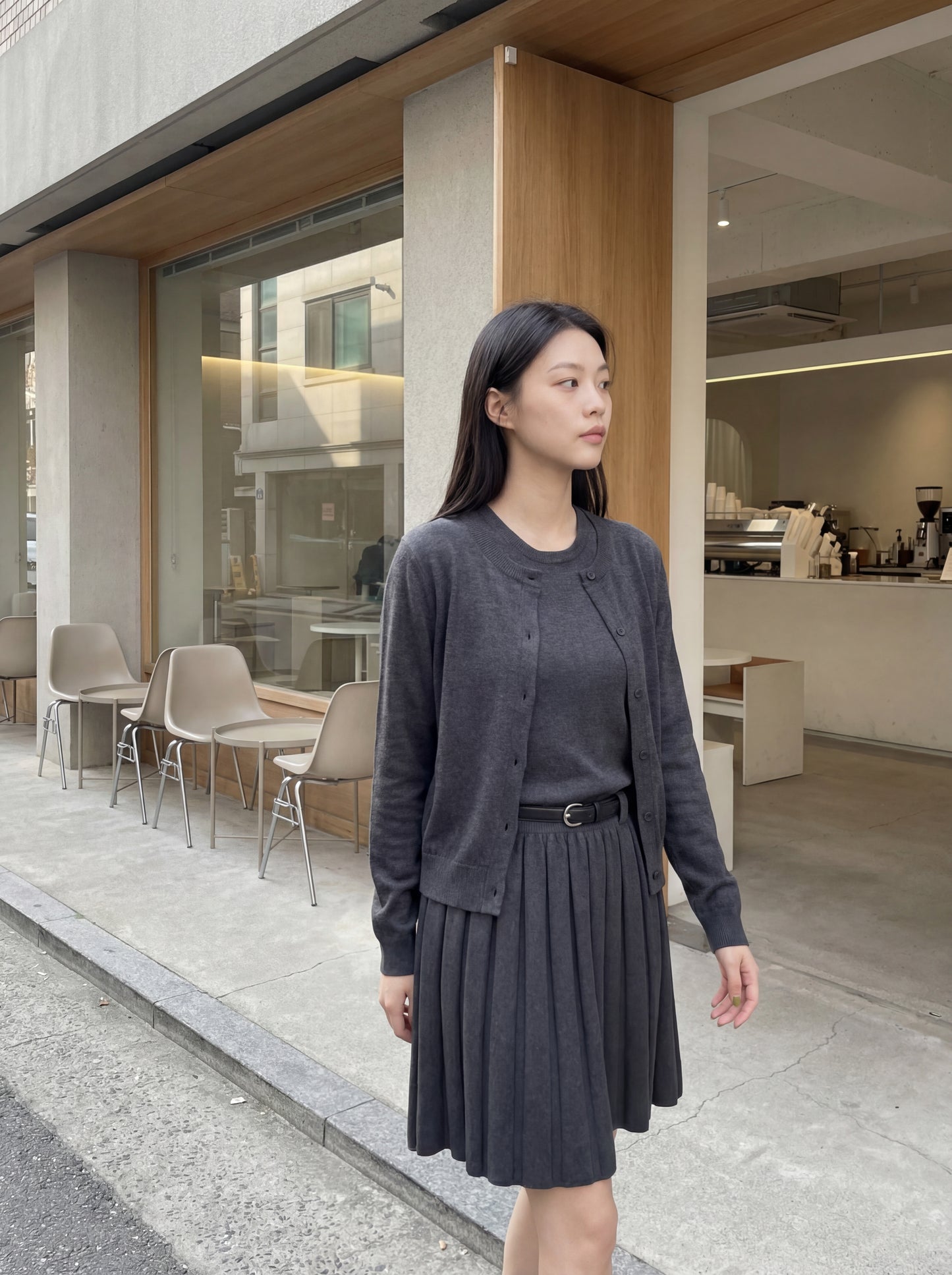 長袖針織開衫＋背心壓褶連身裙套裝