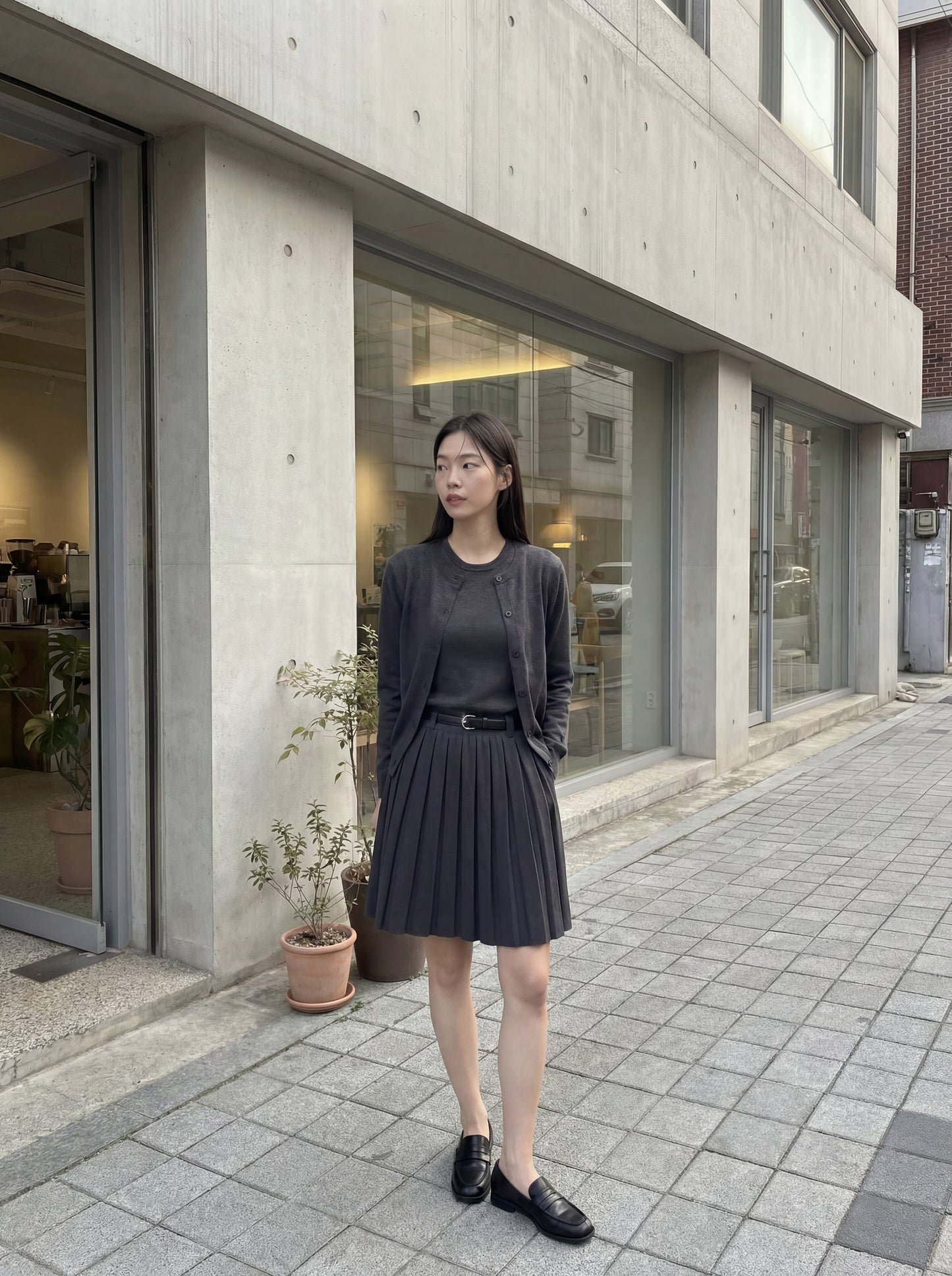 長袖針織開衫＋背心壓褶連身裙套裝