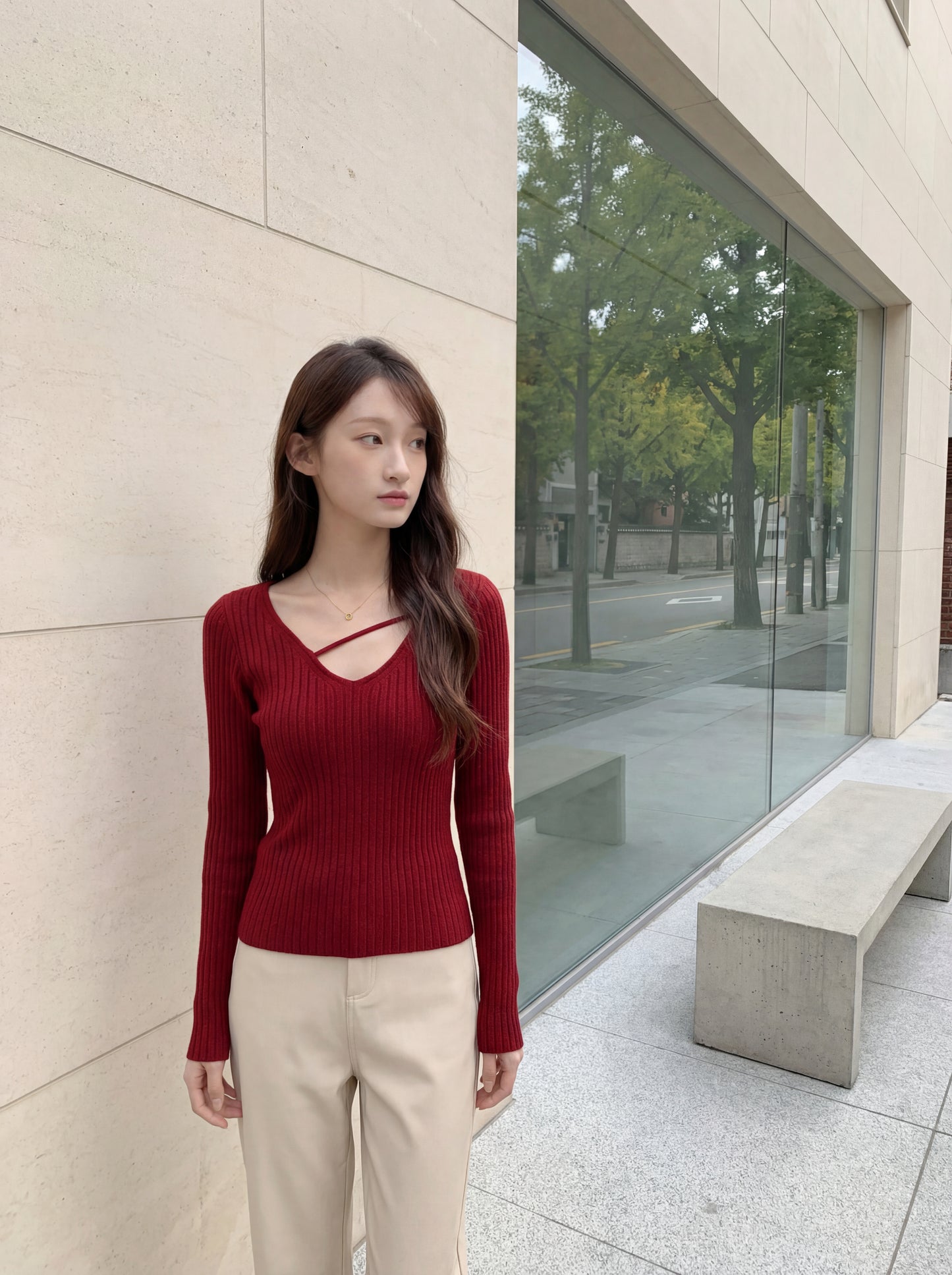 純欲V領掐腰打底針織衫