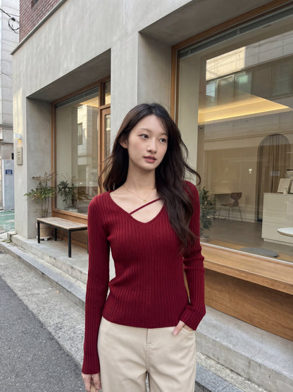 純欲V領掐腰打底針織衫