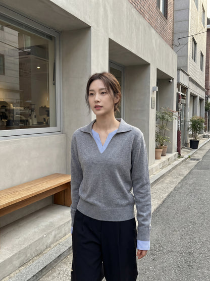 拼接假兩件條紋撞色保暖上衣