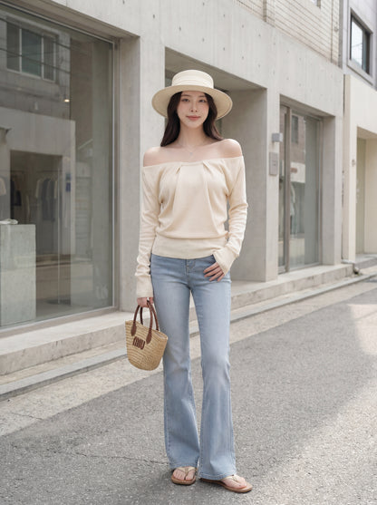 法式浪漫一字肩針織小衫