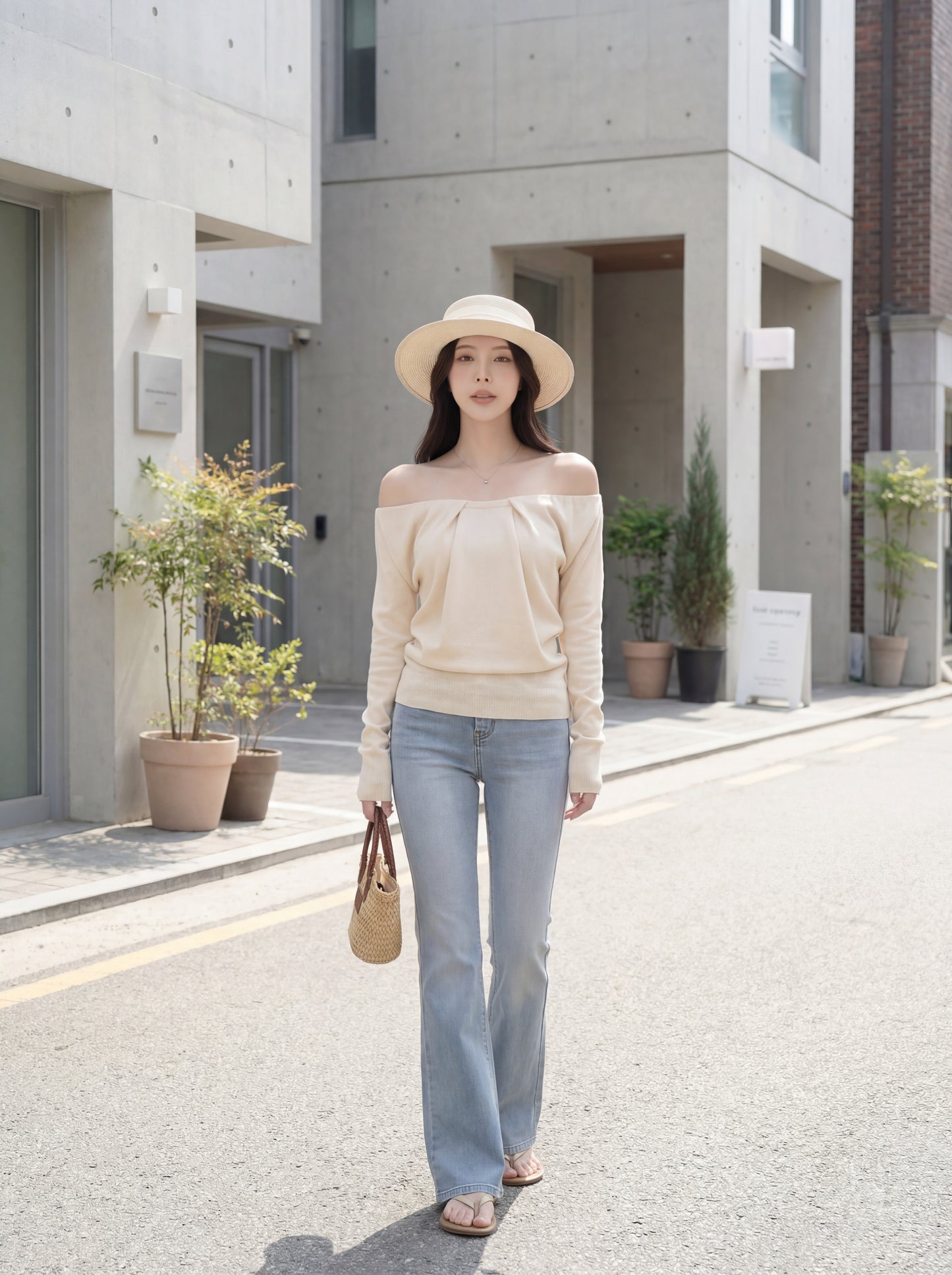 法式浪漫一字肩針織小衫