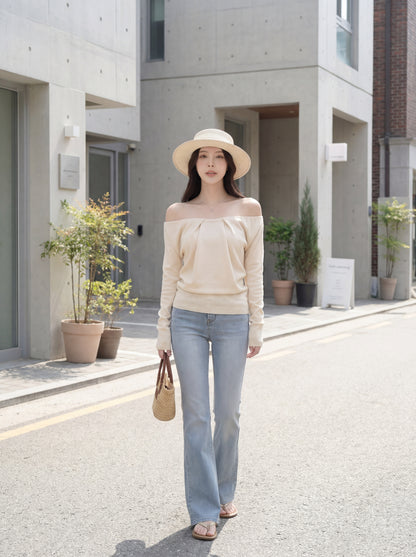 法式浪漫一字肩針織小衫