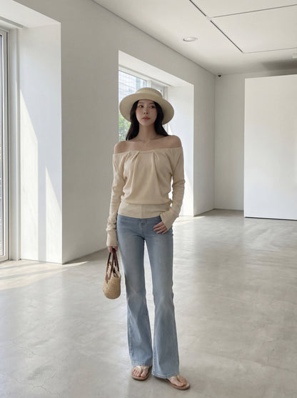 法式浪漫一字肩針織小衫