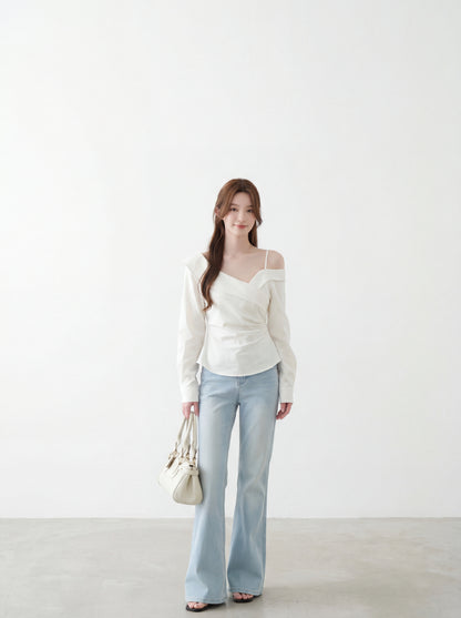 不對稱交叉領露肩小衫