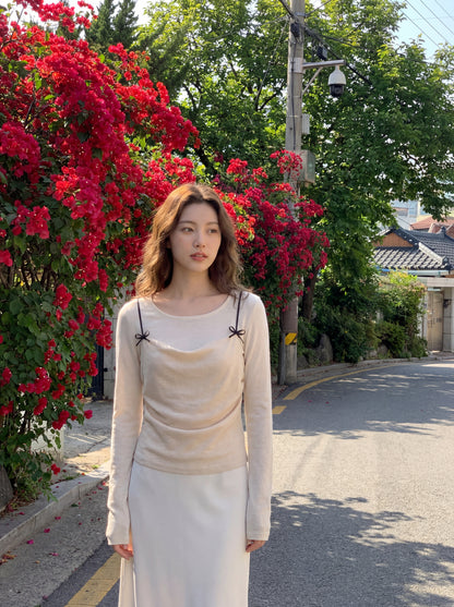 春季蝴蝶結吊帶假兩件針織衫