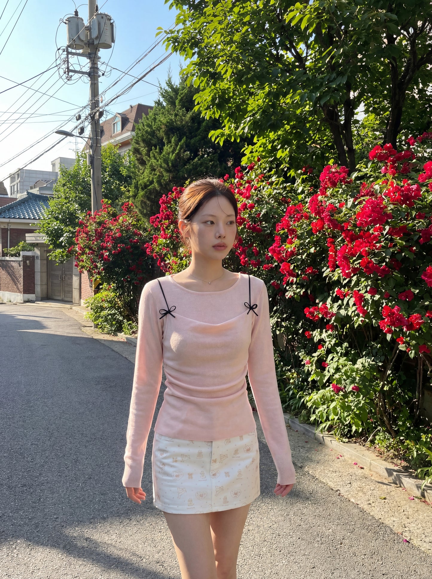 春季蝴蝶結吊帶假兩件針織衫