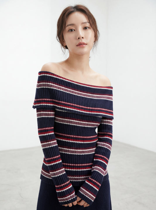 Off-shoulder Striped Color-block Knit Top