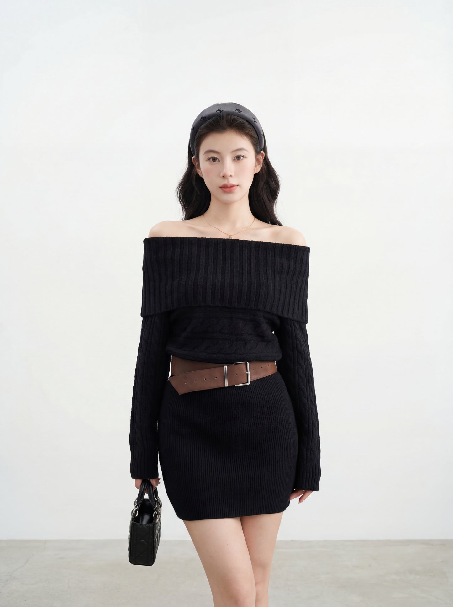 氛圍感一字肩針織連身裙