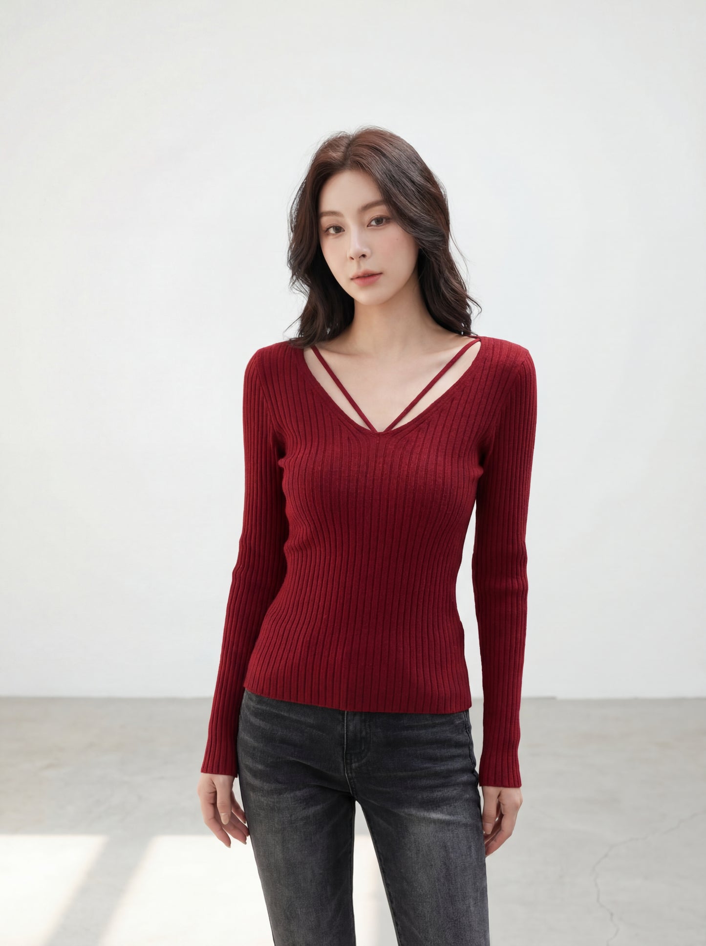 純欲感簡約V領修身針織小衫