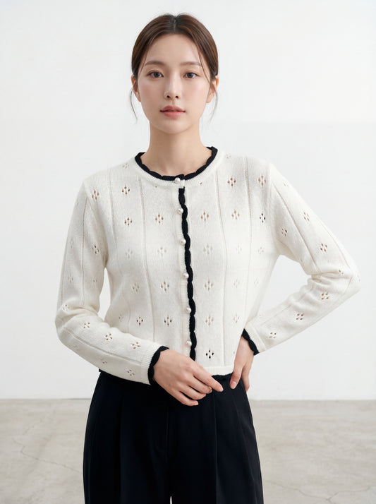 圓領簡約撞色鏤空針織開衫