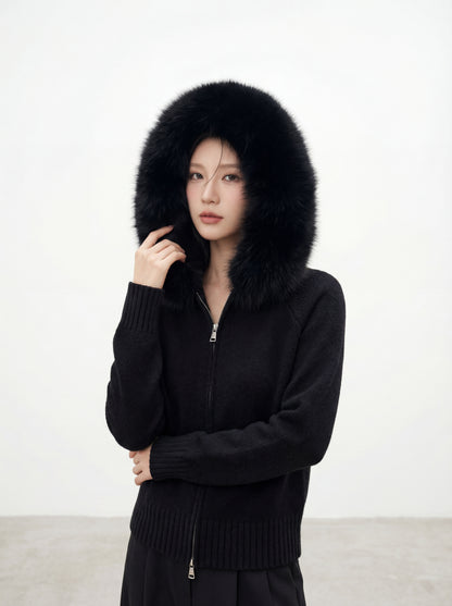 Knit Sweater with Large Fur-Trimmed Hood