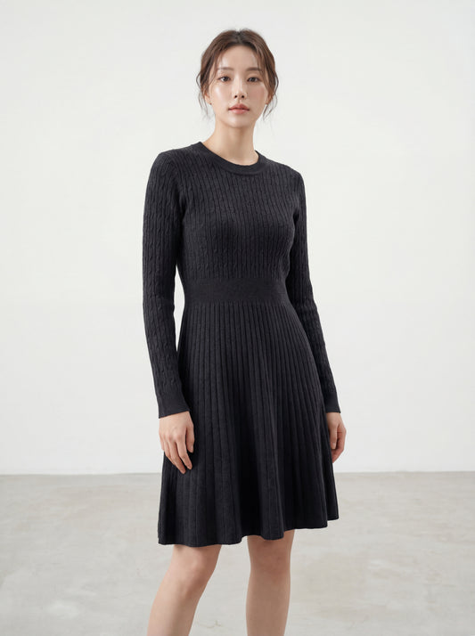 圓領麻花紋長袖針織連身裙
