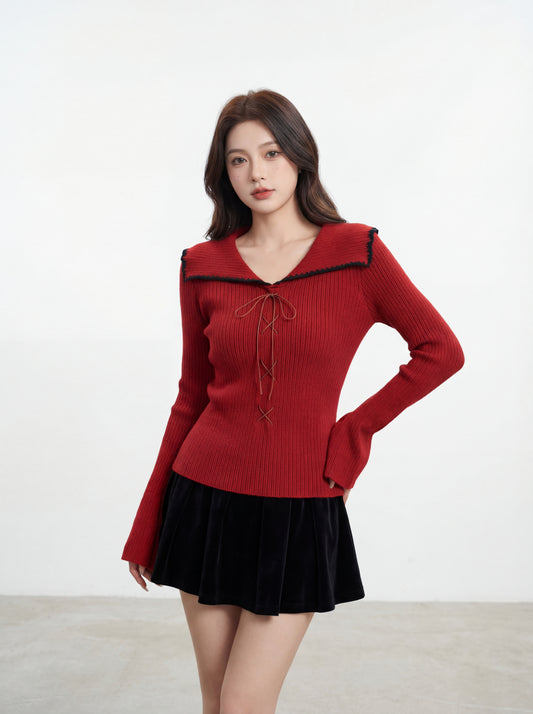 氣質翻領綁帶修身開衫