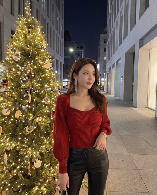 法式方領針織長袖top