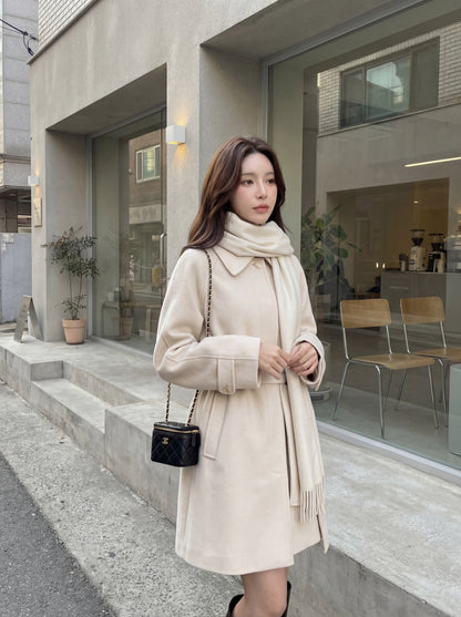 翻領系帶收腰毛呢大衣