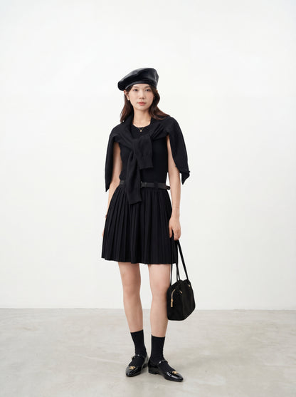 長袖針織開衫＋背心壓褶連身裙套裝