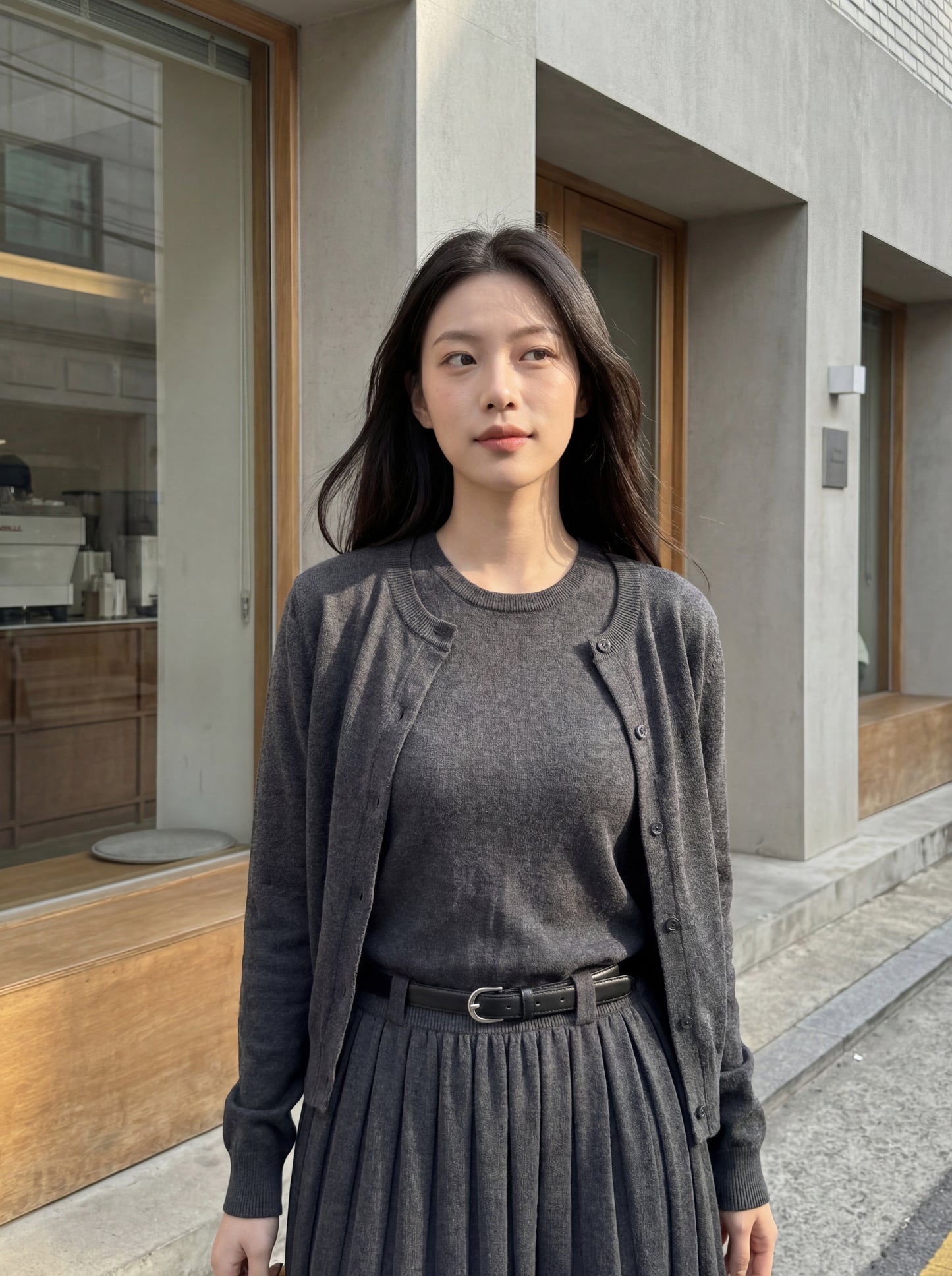 長袖針織開衫＋背心壓褶連身裙套裝