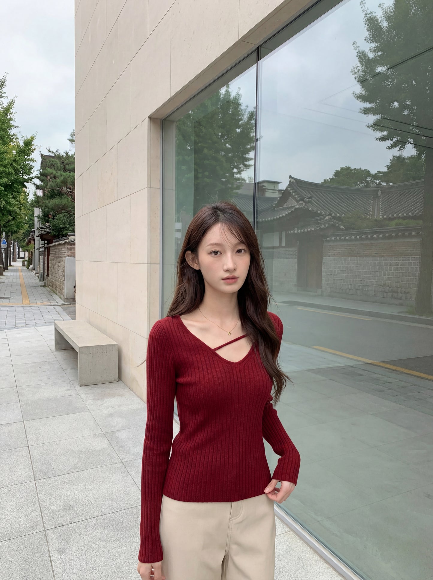 純欲V領掐腰打底針織衫