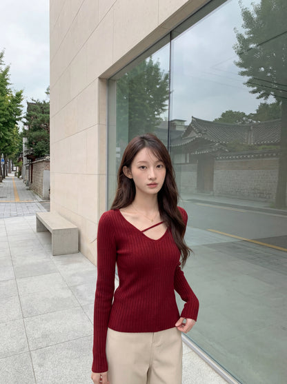 純欲V領掐腰打底針織衫