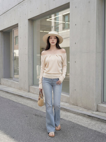 法式浪漫一字肩針織小衫