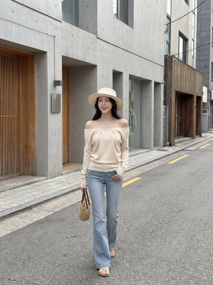 法式浪漫一字肩針織小衫