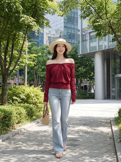 法式浪漫一字肩針織小衫