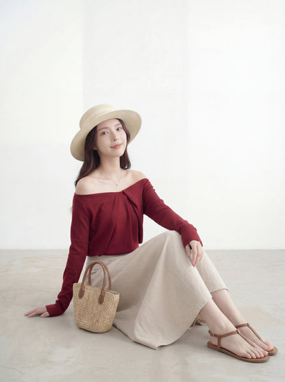 法式浪漫一字肩針織小衫
