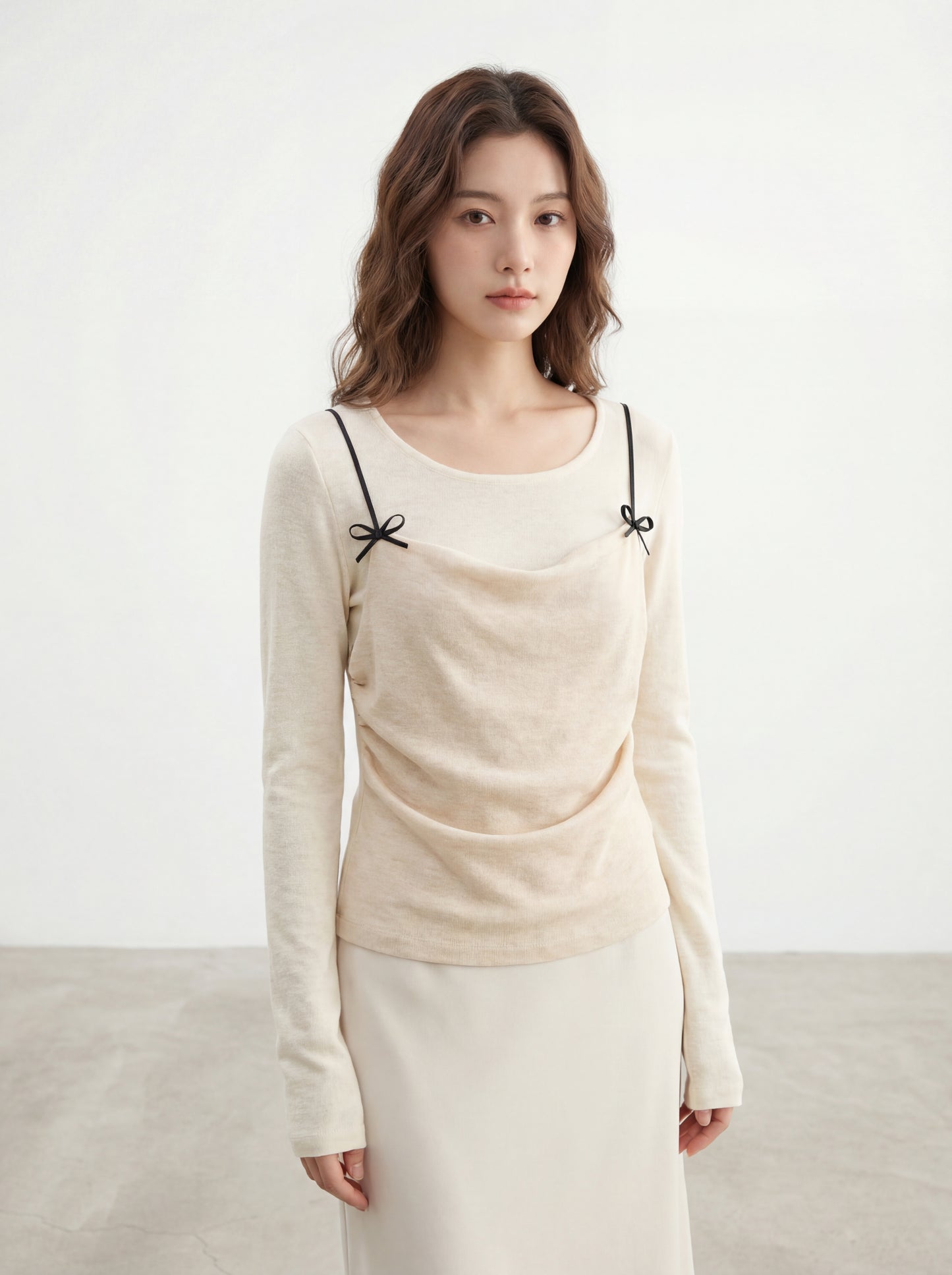 春季蝴蝶結吊帶假兩件針織衫