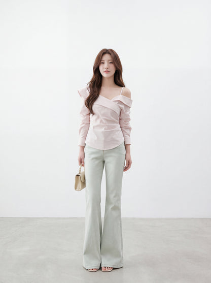 不對稱交叉領露肩小衫