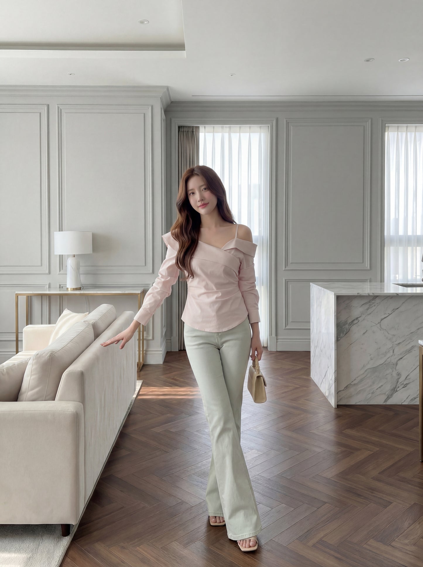 不對稱交叉領露肩小衫