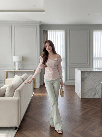 不對稱交叉領露肩小衫