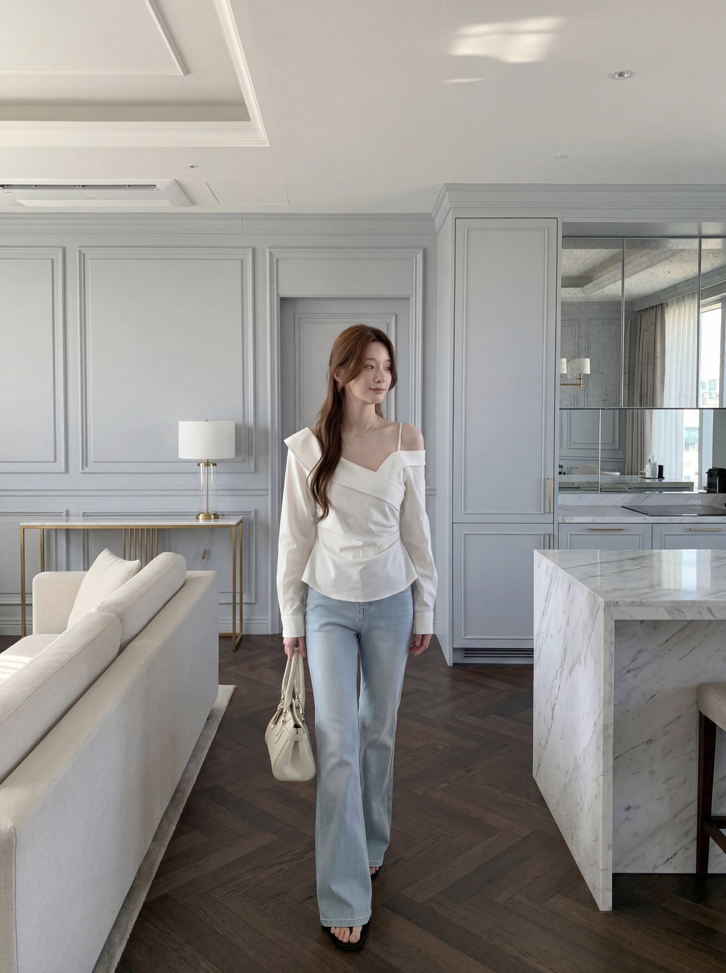 不對稱交叉領露肩小衫